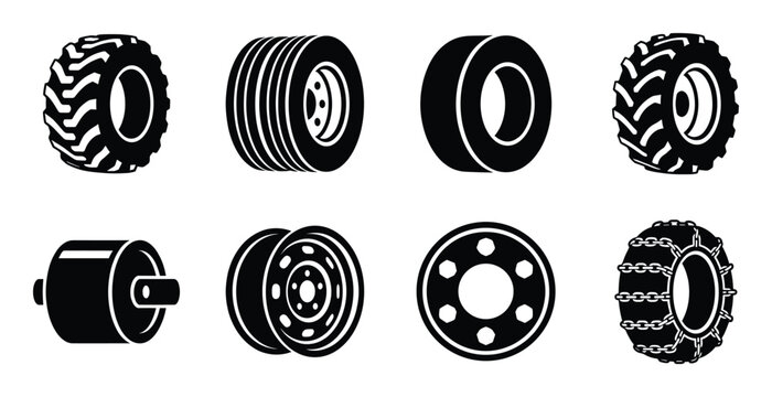 Industrial vehicle wheel types and heavy duty tire icons including tractor rims and snow chain wheels