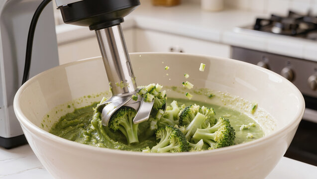 Immersion blender pureeing broccoli into creamy soup in bowl, highlighting healthy cooking, vegetable preparation, and nutritious meal at home
