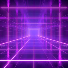 Obraz premium Glowing Purple Neon Rectangular Grid Tunnel Perspective with Diminishing Light