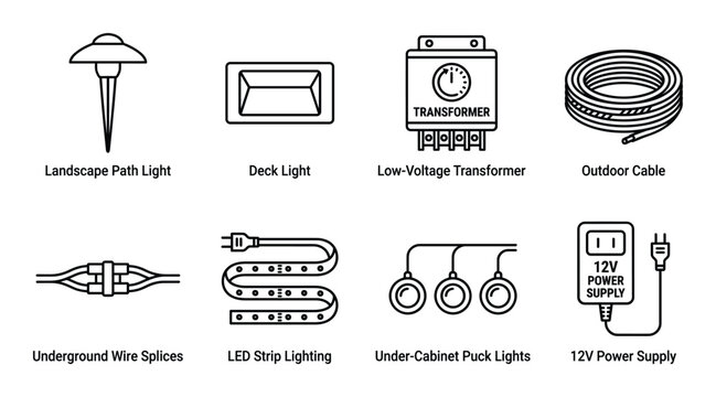 Low voltage landscape and cabinet lighting icons featuring path lights transformers and led strips