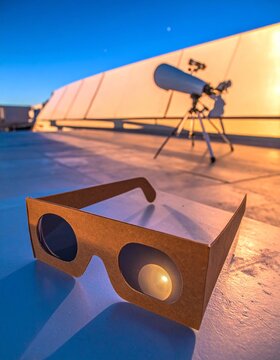 Cardboard Eclipse Glasses on Rooftop with Telescope and Solar Panels in Evening