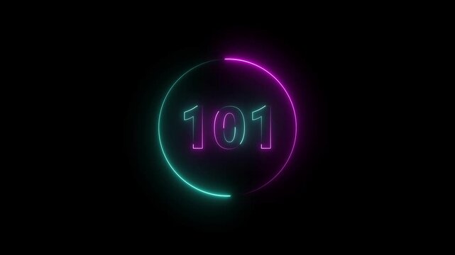 A circle animation, and glowing neon number 101 animation. on a black background.4k video