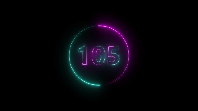 A circle animation, and glowing neon number 105 animation. on a black background.4k video