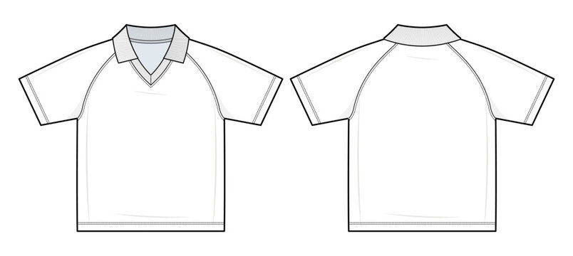 Sporty Raglan Sleeve Johnny Collar Polo T-Shirt Technical Fashion Illustration. Short Sleeve Collared Tee Vector Template. Front and Back View. Apparel CAD Mockup