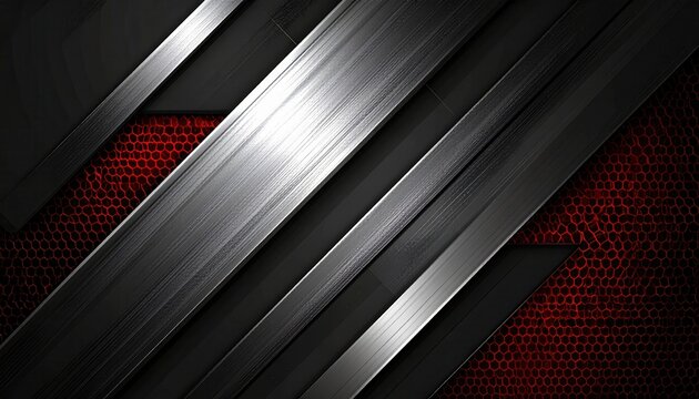 Fond abstrait industriel avec des bandes m&eacute;talliques diagonales argent&eacute;es sur une texture en nid d'abeille rouge et noire moderne et futuriste.