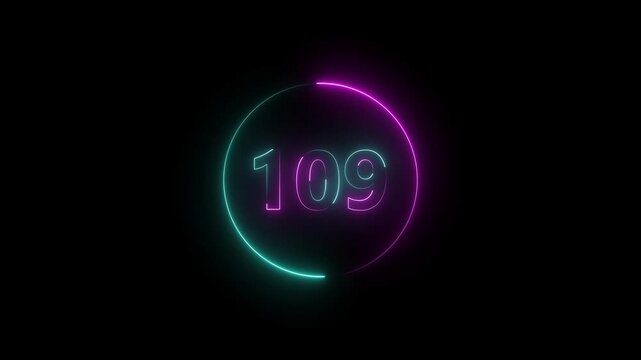 A circle animation, and glowing neon number 109 animation. on a black background.4k video