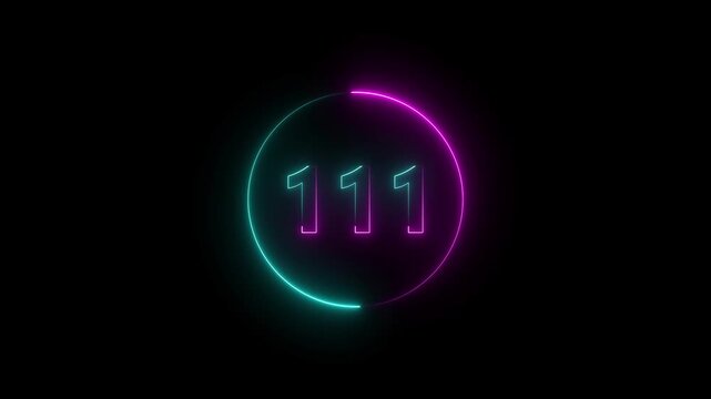 A circle animation, and glowing neon number 111 animation. on a black background.4k video
