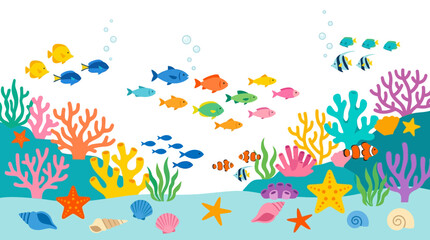 Fototapeta premium Vibrant underwater world teeming with colorful tropical fish swimming among diverse coral reefs and seashells, illustrating a lively marine ecosystem