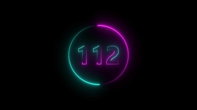 A circle animation, and glowing neon number 112 animation. on a black background.4k video