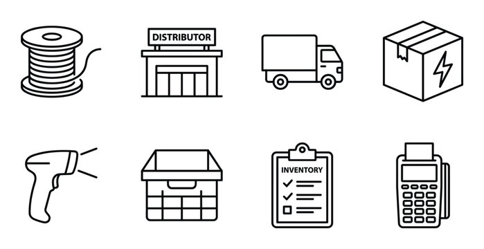 Set of black and white warehouse and logistics icons on transparent background