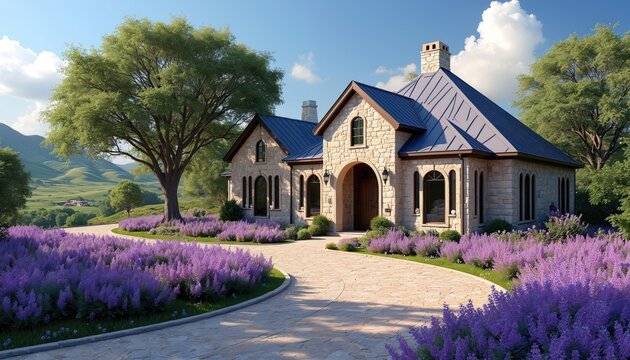 Stone house with arched entrance and blue roof sits on rolling green hills. Curved driveway lined with purple flowers leads to home. Large tree stands nearby in sunny landscape.