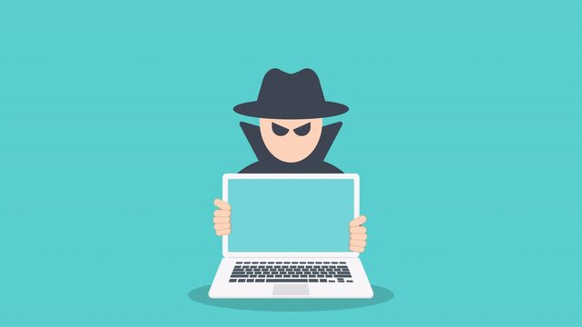 Hacker with laptop computer stealing confidential data, personal information and credit card detail. Hacking concept.