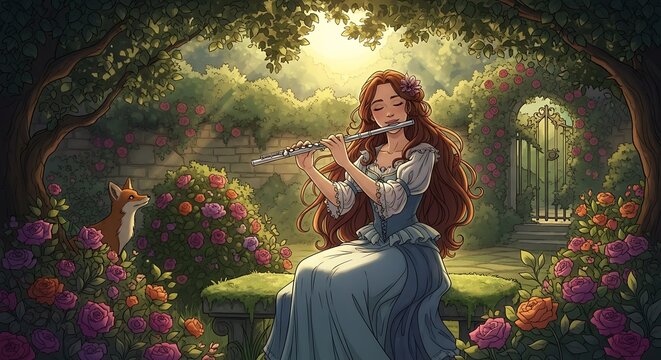 Flute Player in Garden.