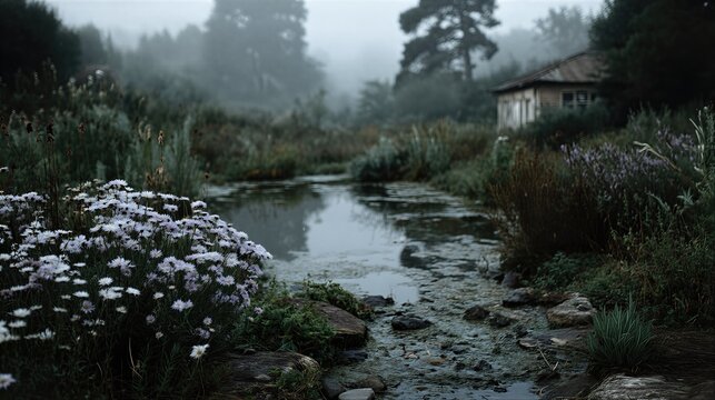 Small wooden house near river surrounded by blooming wildflowers and dense fog. Serene woodland landscape with mist. Concept of peace, escape, and reconnection with nature in morning.