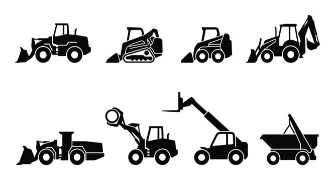 Set of black loaders and excavators icons collection of construction heavy machinery
