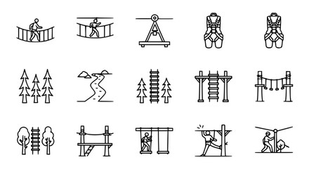 Minimal rope park outline icon set with forest adventure, zipline, and climbing symbols © MdMahfizur