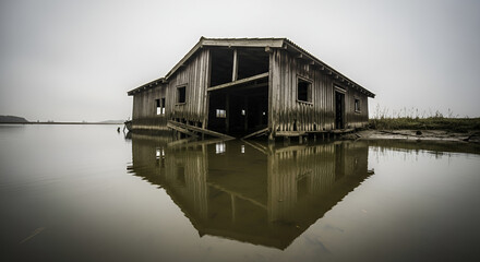 Obraz premium Decaying wooden boathouse reflected in calm floodwaters under a misty sky creating a moody and abandoned scene perfect for atmospheric storytelling