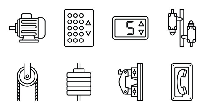 Set of electrical components including motor, elevator buttons, display and phone