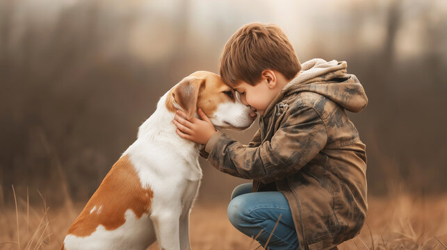 Boy kneeling, gently holding his dog's face, their foreheads touching in a bond of friendship, love, and trust outdoors