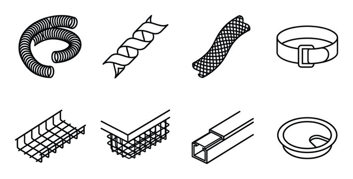 Set of industrial and electrical components including cables, connectors, power supplies, and fans