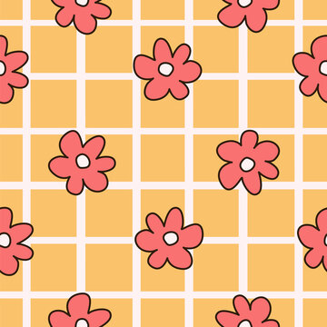 cute colorful hand drawn seamless vector pattern illustration with red daisy flowers on yellow and white stripes background