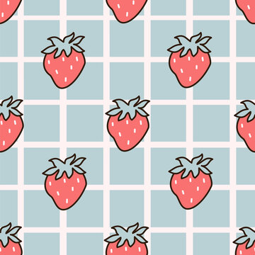 cute hand drawn seamless vector pattern background illustration with red strawberries on blue and white stripes 