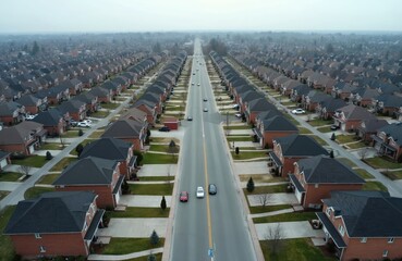 Obraz premium Drone view shows rows of suburban houses lining a street. Residential neighborhood with brick homes and dark roofs stretches to horizon. Cars drive on pavement during overcast day.
