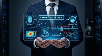Fototapeta premium A businessman in a suit holds a futuristic cyber insurance interface in his hands