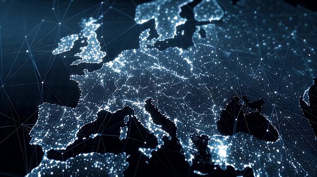 A digital representation of a geographical region, with glowing lights depicting city locations, overlaid with a network of interconnected lines