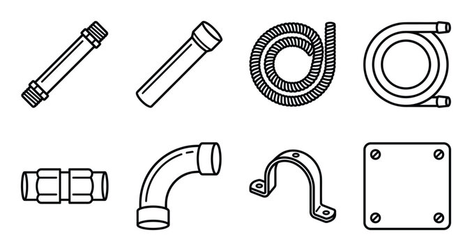 Set of pipe and hose icons, such as water pipe, metal pipe, garden hose, pipe clamp, pipe fittings