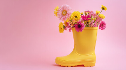 Obraz premium Yellow rain boot bursting with colorful spring flowers, a symbol of growth and new beginnings