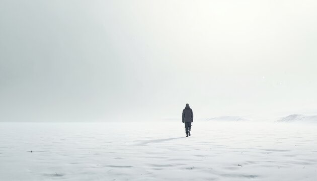 Lone person walks across vast white snowfield under pale gray sky. Vast empty horizon and distant snow-covered hills emphasize solitude and isolation in winter wilderness.