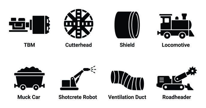 Tunnel boring machine components and construction equipment icons for underground excavation and tunneling work