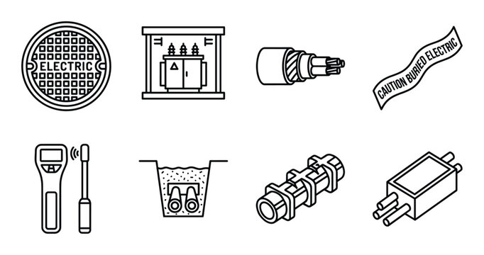 Underground electrical infrastructure icons set with manhole substation cable and warning tape art