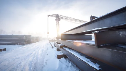 Fototapete Nebliger Morgen Industrial scene with stacked beams, heavy equipment, and a construction crane against a bright winter sky, bathed in soft morning light  © photo for everything