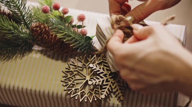 Hands Adjust Pine Sprigs, Berries, and Twine on a Striped Gift - Close up