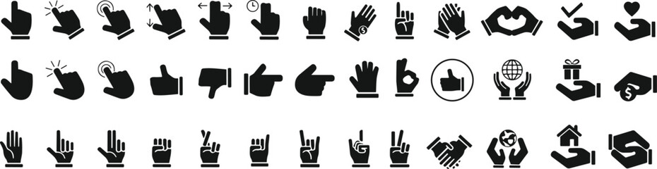 Fototapeta premium Gestures silhouettes set. Human hands signs, okay, peace, heart, call position, gift giving. Cartoon hand palms gestures flat vector illustration.