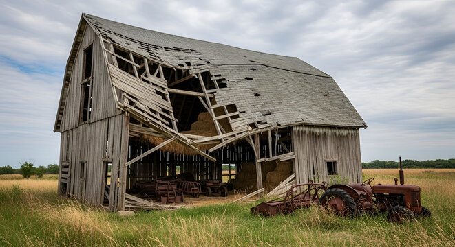 Dilapidated wooden barn with collapsed roof and rusty vintage tractor in overgrown grassy field under cloudy sky in rural landscape
