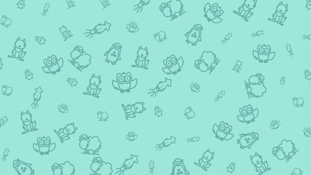 Seamless looping cute animal doodle pattern animation on blue background with owls, sheep, foxes, penguins, and squid. Perfect for kids, nursery, education, and playful video projects.
