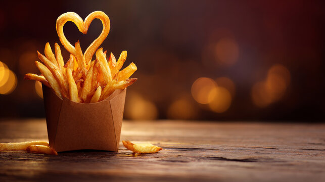 French fried potatoes arranged in a brown paper box, a single fry creating a heart, on a rustic wood surface