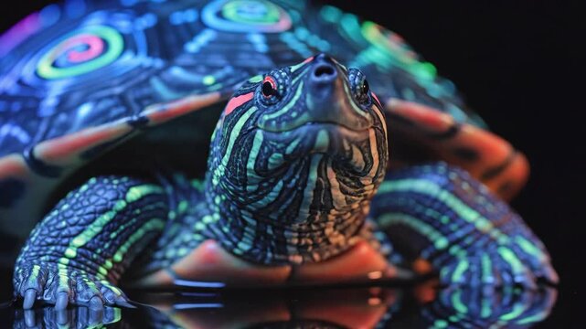 Vibrant turtle with colorful patterns.