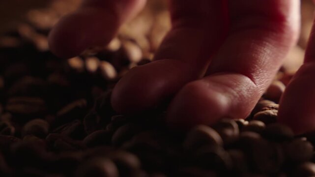 Static shot of a male hand touching and pushing coffee beans.