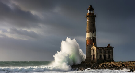 Obraz premium Dramatic seascape view of a weathered stone lighthouse battered by crashing wave and stormy skies with vintage building ruins