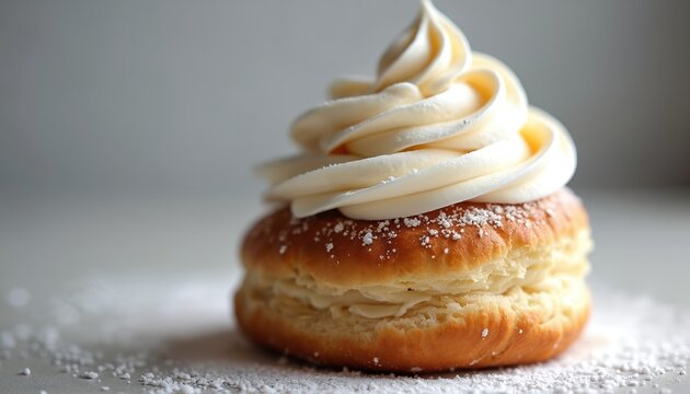 Swedish semla bun with cream and almond paste. Cardamom brioche dusted with powdered sugar. Delicious scandinavian pastry art on light background. Sweet treat for fika.