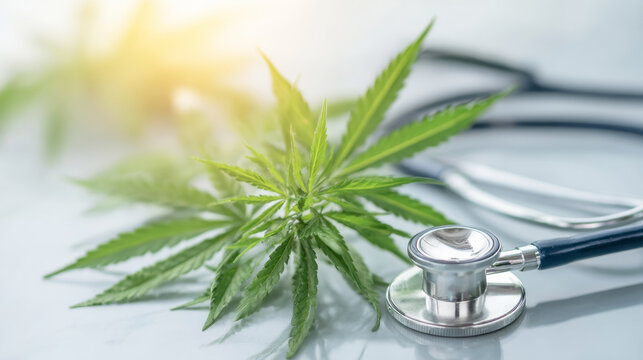 Cannabis leaf with a stethoscope, representing medical marijuana research, treatment, health, and alternative medicine concepts