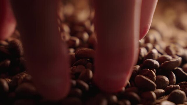 Footage of a male hand grabbing a pinch of coffee beans.