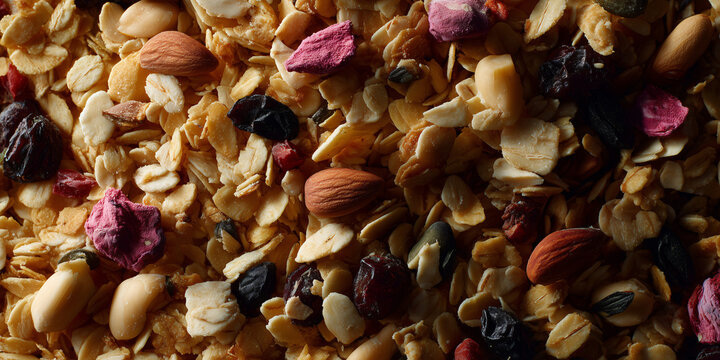 Close-up view of a nutritious granola mix, showcasing an array of natural ingredients and textures