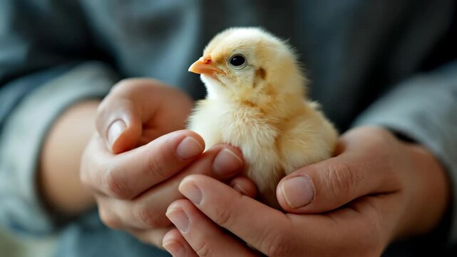 A gentle person holding a small, fluffy chick in their hands.