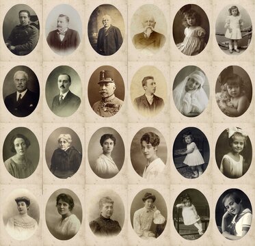 RACCOLTA DI FOTOGRAFIE ANTICHE DI UOMINI E DONNE IN POSA ALL'INTERNO DI CORNICI OVALI	
