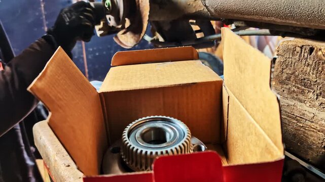 New mechanical component in packaging ready for maintenance. Replacing damaged auto parts